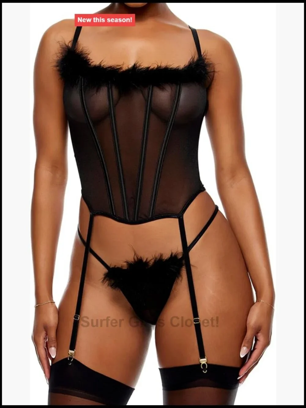 Sheer Mesh Marabou Bustier Lingerie Set with Garters and Panty